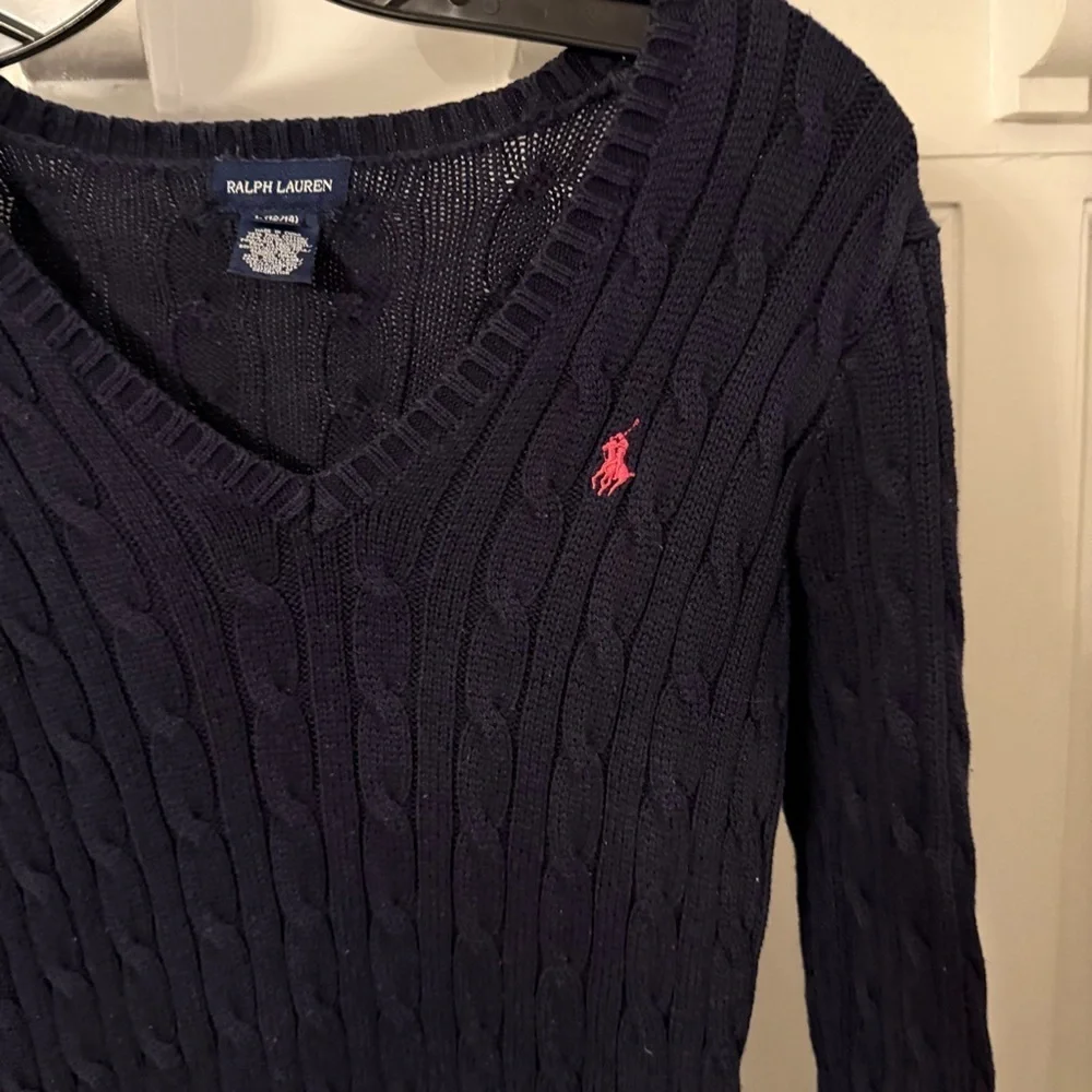 Ralph Lauren Girls Cable Knit Dress L/S Navy Blue V-Neck Sz L 12-14